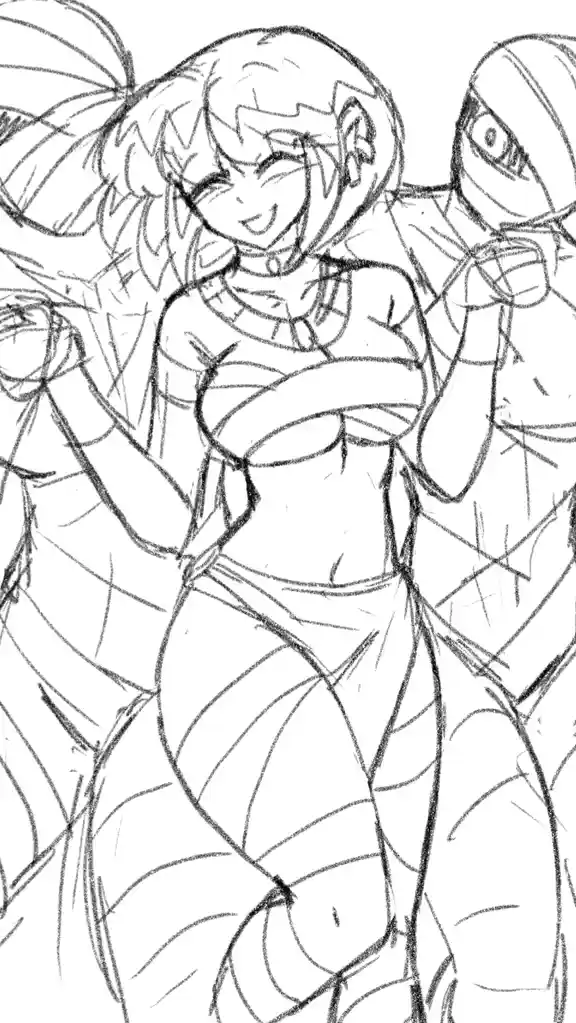 A black-and-white sketch shows a smiling anime-style woman with pigtails, wearing a revealing outfit, standing between two…
