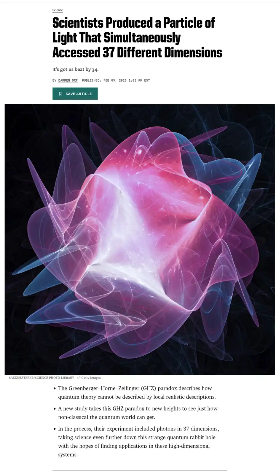 An article headline reads 'Scientists Produced a Particle of Light That Simultaneously Accessed 37 Different Dimensions'…