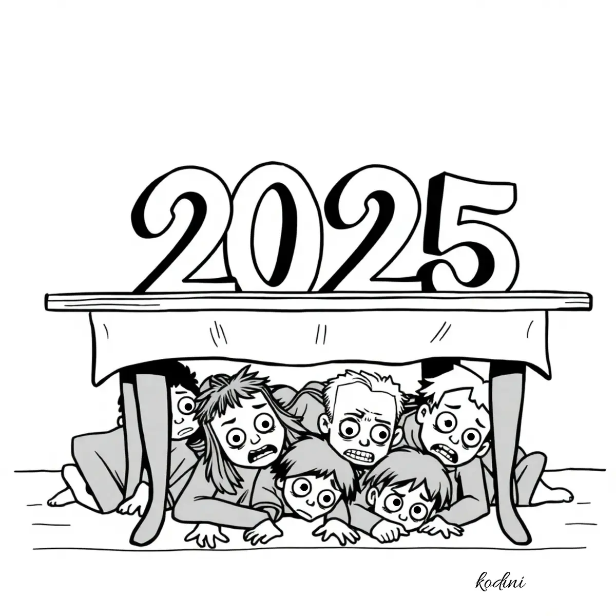 A black-and-white cartoon shows several terrified-looking people of various ages hiding under a table. Above the table, the…