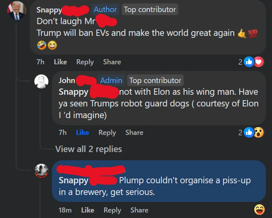 This brilliant individual claims Trump would swap all electric car batteries for V8 engines... talk about a wild delusion!