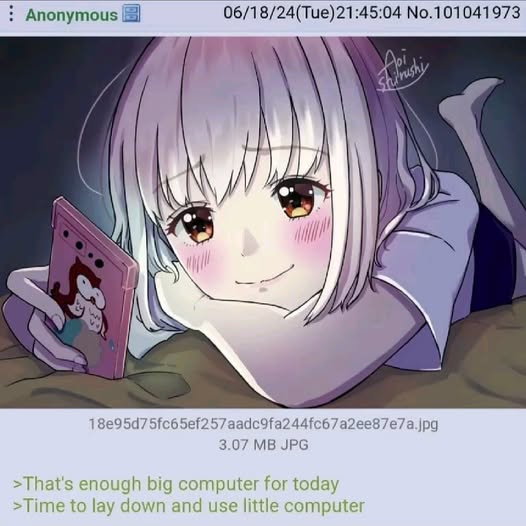 An anime girl with short silver hair and brown eyes lies on her stomach, smiling while holding a small pink smartphone with…