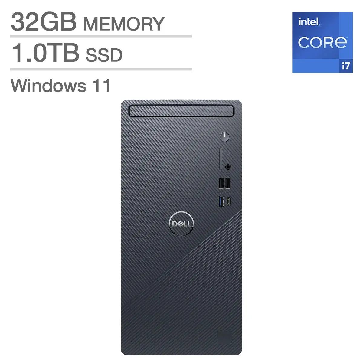 A black Dell desktop tower with diagonal texture, showing an Intel Core i7 logo and ports on the right side. Overlaid text…