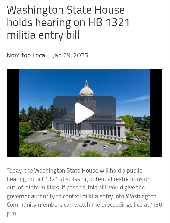 A screenshot of a news article from 'NonStop Local' dated Jan 29, 2025, showing a video thumbnail of the Washington State…