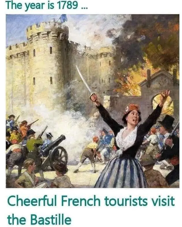 A historical painting depicts a chaotic scene at the Bastille fortress in 1789, with a central woman in a striped dress and…