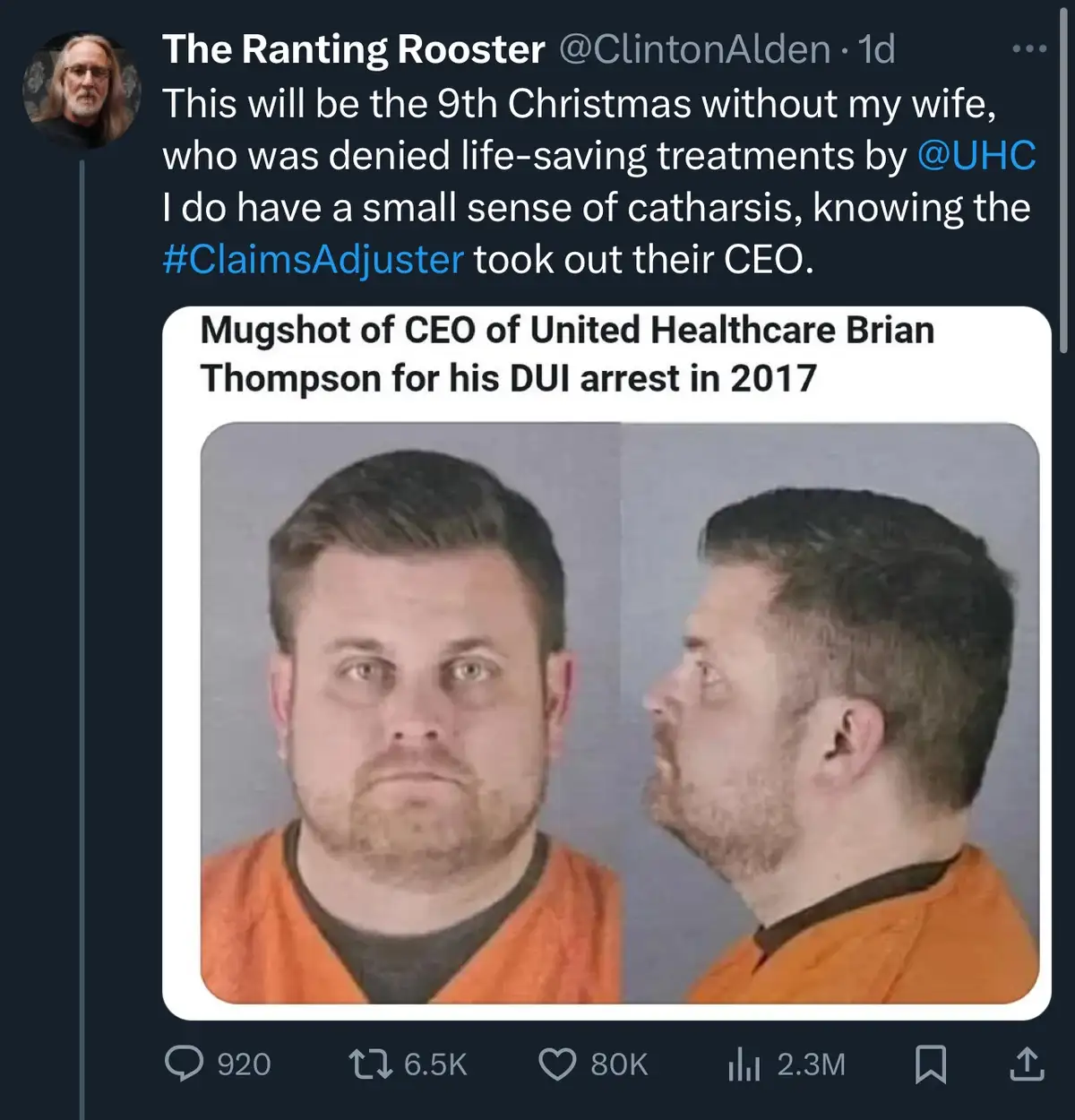 A tweet from 'The Ranting Rooster' expresses grief over losing his wife to denied healthcare and sarcastically notes…