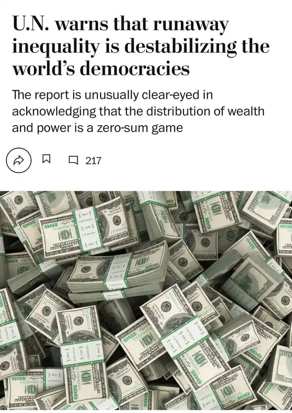 The image displays a screenshot of a news article with a headline about the U.N. warning on inequality, overlaid on a…