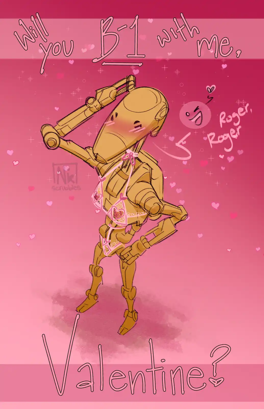 A cartoon B1 battle droid is depicted in a romantic pose, wearing pink lingerie with heart patterns, against a pink…