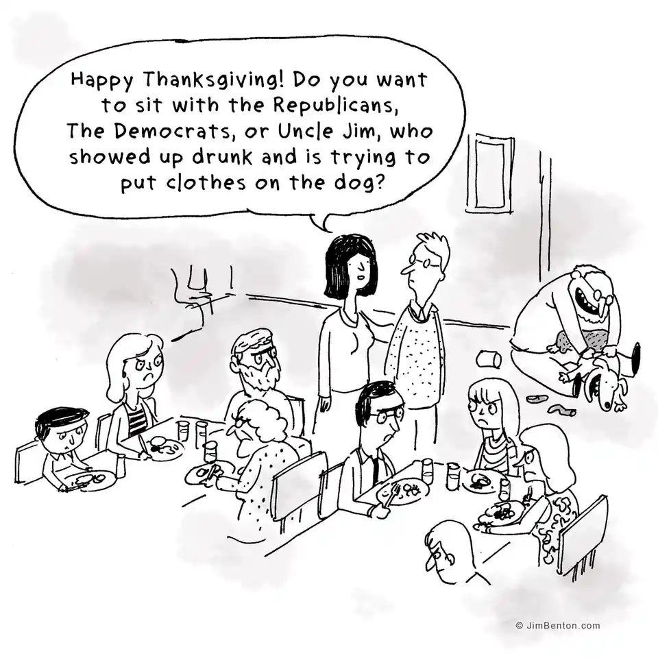 A black-and-white cartoon depicts a family Thanksgiving dinner where guests look uncomfortable. A woman stands and asks…