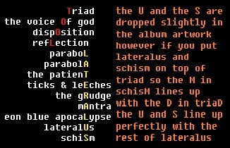 A black background displays two columns of orange text. The left column lists words like 'triad', 'disposition'…