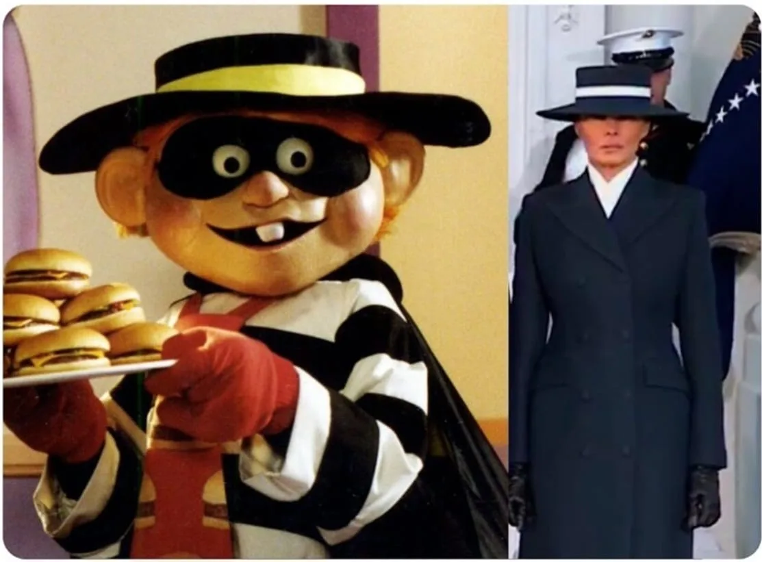 The image is a split-screen meme. On the left, a cartoon burglar mascot with a black eye mask, striped shirt, and red gloves…