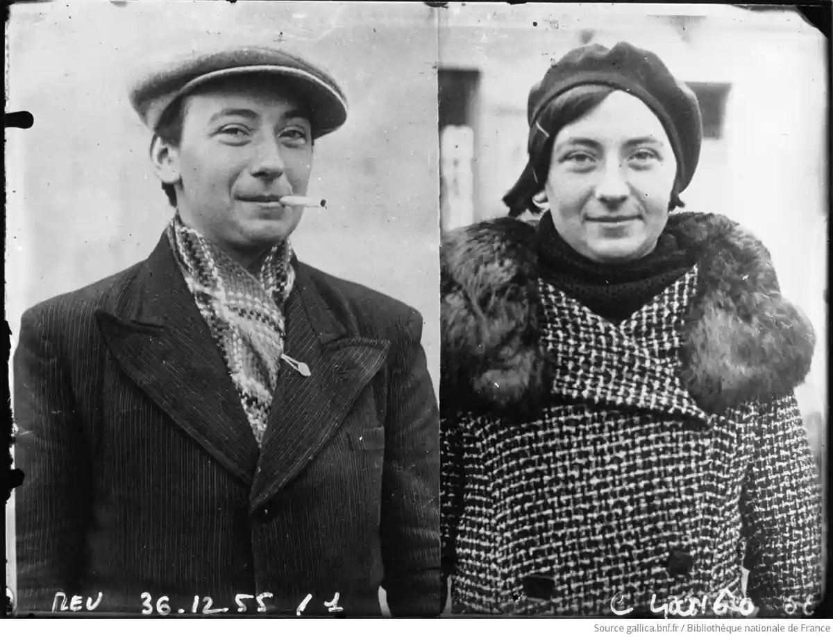A vintage black-and-white split portrait shows a smiling man in a flat cap and corduroy jacket with a cigarette in his…