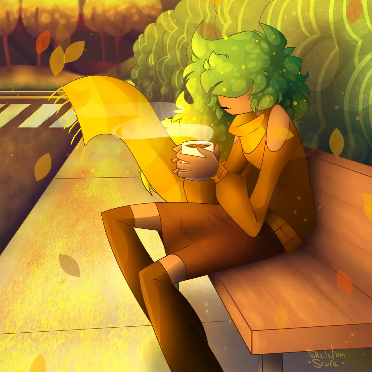 An anime-style character with green leafy hair sits on a wooden bench outdoors, wrapped in a yellow scarf and holding a…