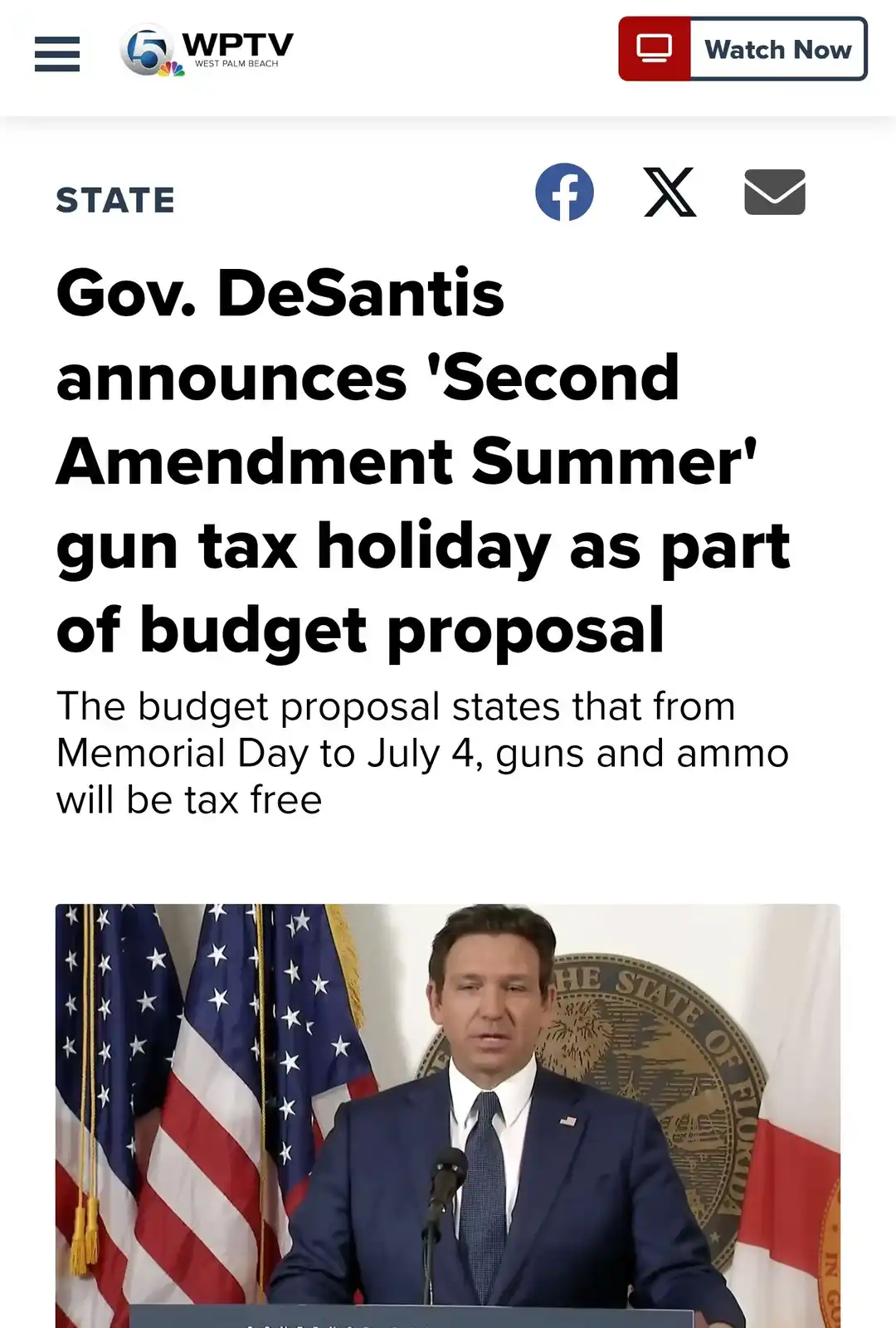 A screenshot of a WPTV news article shows Florida Governor Ron DeSantis speaking at a podium with American and Florida state…