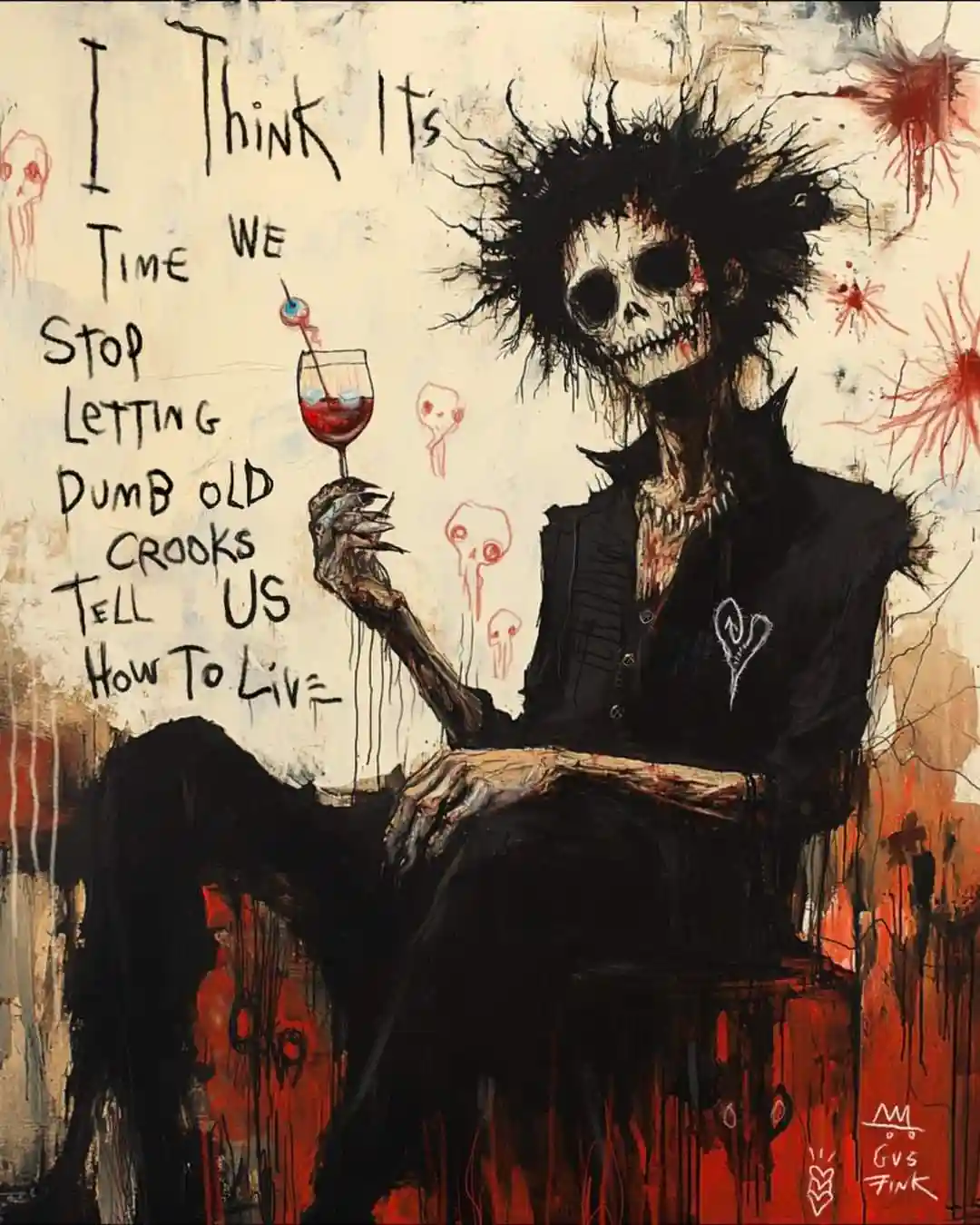 A dark, expressive painting depicts a skeletal figure with wild black hair, wearing a black suit and holding a glass of red…