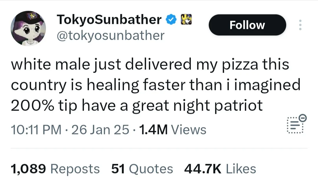 A screenshot of a tweet from user TokyoSunbather showing a tweet that reads 'white male just delivered my pizza this country…