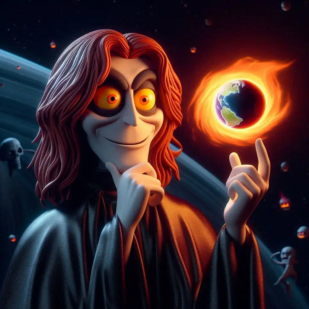 A cartoonish, skeletal figure with long red hair and glowing orange eyes, wearing a black robe, stands in space with a smug…