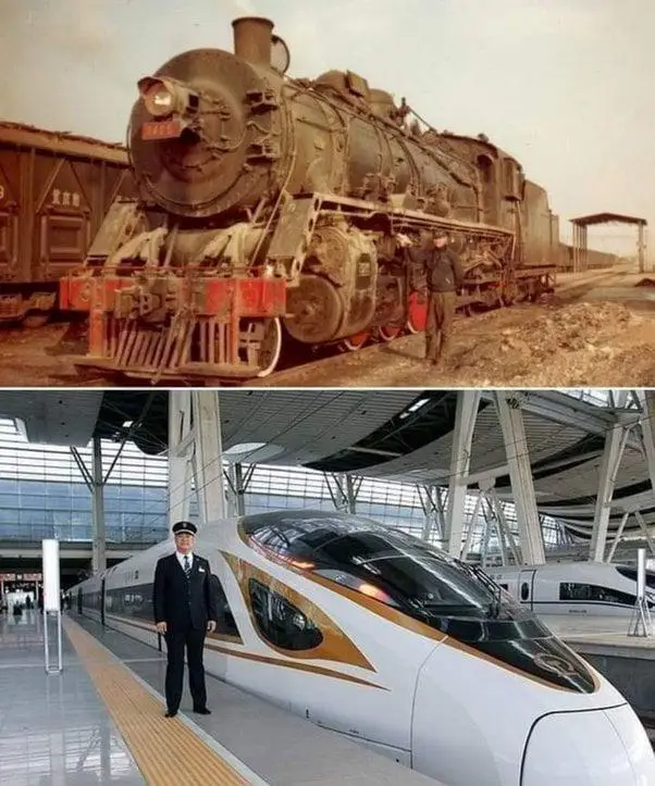 The image is a two-panel meme. The top panel shows a vintage, rusty steam locomotive with a man standing beside it on a dirt…