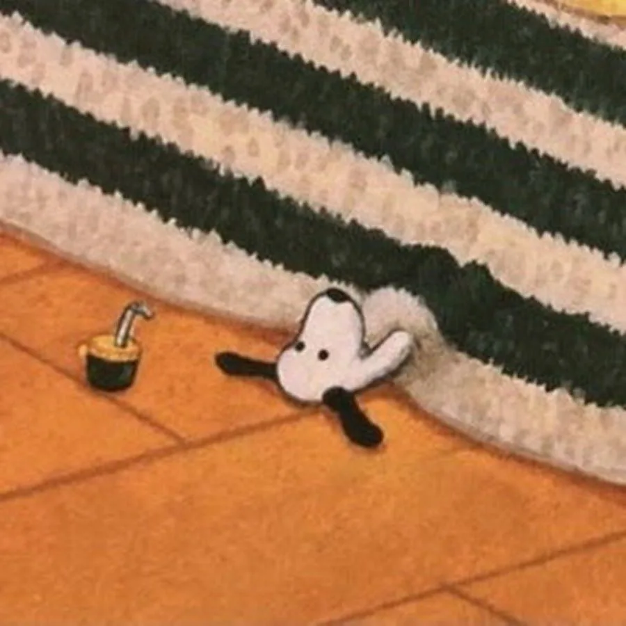 A cartoon dog, resembling Snoopy, is lying face-down on a tiled floor, partially hidden under a green and beige striped…