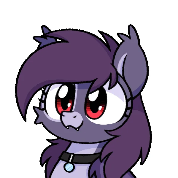 A six-panel grid shows a purple-haired, red-eyed cartoon pony with fangs and a collar, displaying various expressions. The…