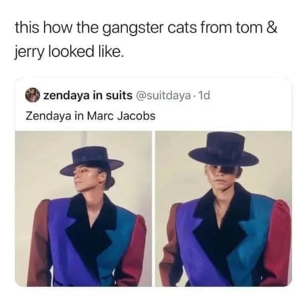 The image shows two side-by-side photos of Zendaya wearing a colorful, puffy-sleeved suit with a black top hat and…