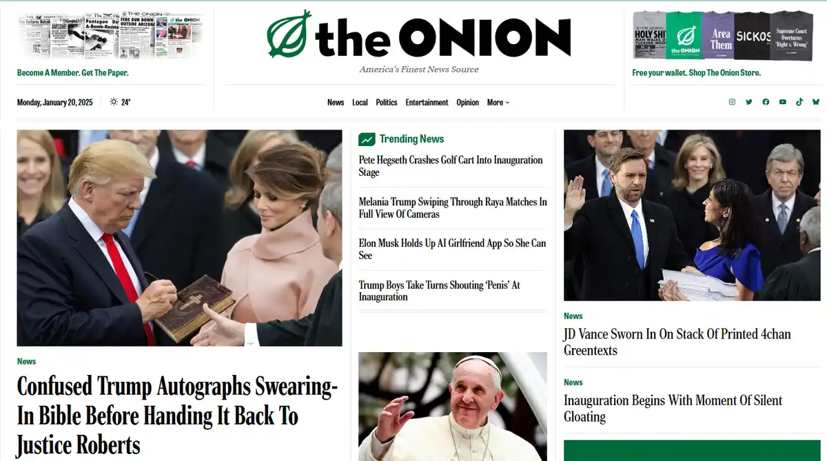 The image shows a satirical news website, The Onion, with a headline about Donald Trump autographing a Bible during his…
