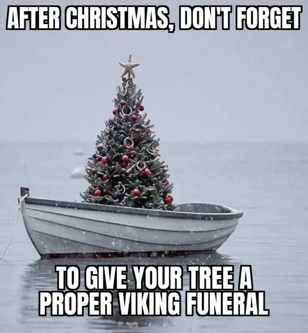 A decorated Christmas tree with red ornaments and a star topper is placed inside a small boat floating on water, with snow…