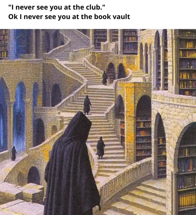 An illustration of a grand, multi-level stone library with winding staircases and bookshelves filled with books. Several…