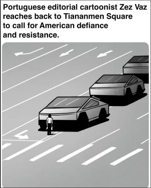 A black-and-white cartoon depicts a lone person standing in the middle of a multi-lane road, facing a line of three…