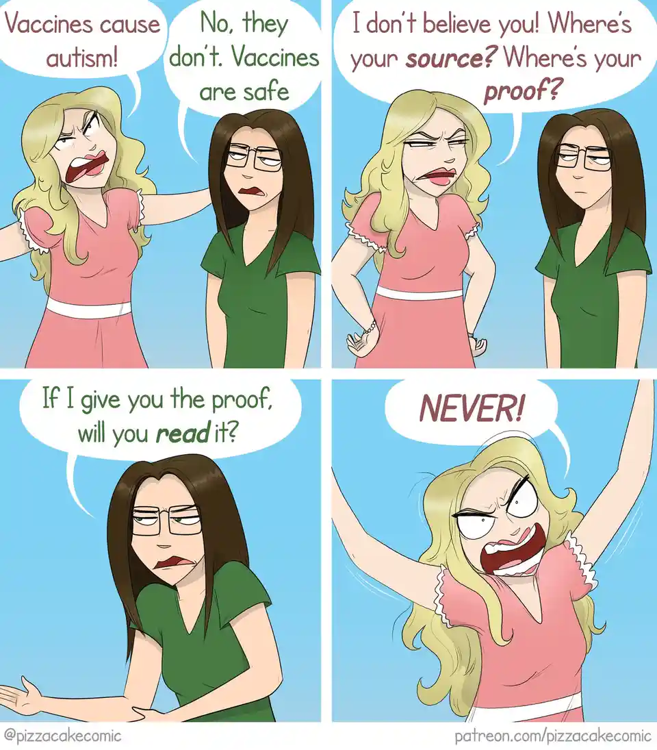 A four-panel comic depicts a heated argument between two women. The blonde woman in a pink dress angrily claims vaccines…
