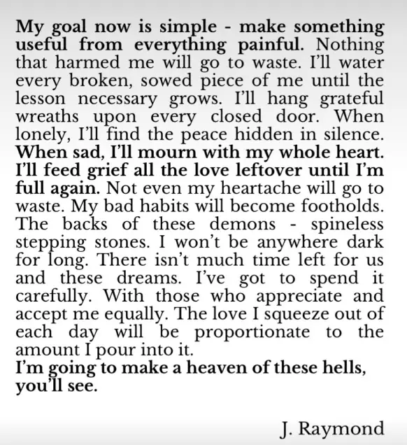 A white background with black serif text displaying a deeply emotional and poetic passage attributed to 'J. Raymond'. The…