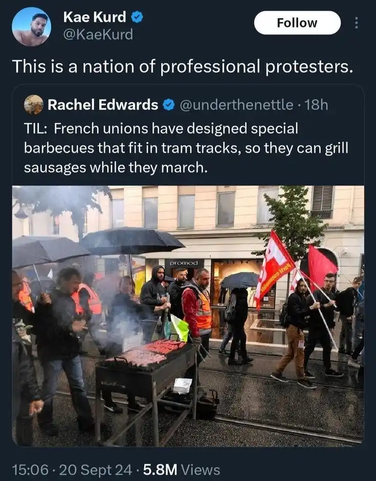 A screenshot of a Twitter thread shows a photo of protesters marching on a wet street with visible tram tracks. One…