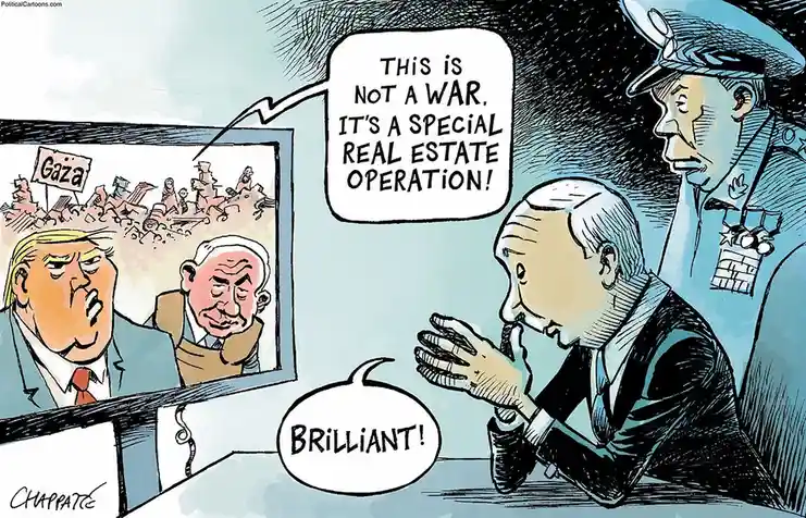 A cartoon depicts a man in a suit and tie sitting at a desk with a military officer standing behind him. He is watching a…