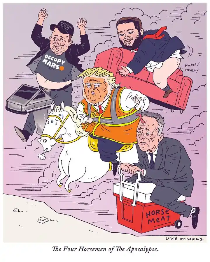A cartoon depicts four caricatured men representing the 'Four Horsemen of The Apocalypse': one riding a white horse wearing…