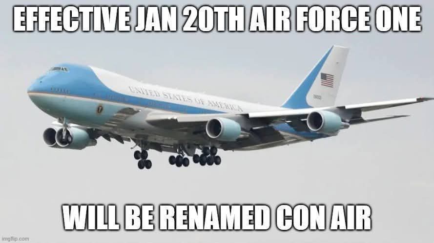 A large white and blue Boeing 747 airplane, identified as Air Force One by text on its fuselage and tail, is shown in flight…