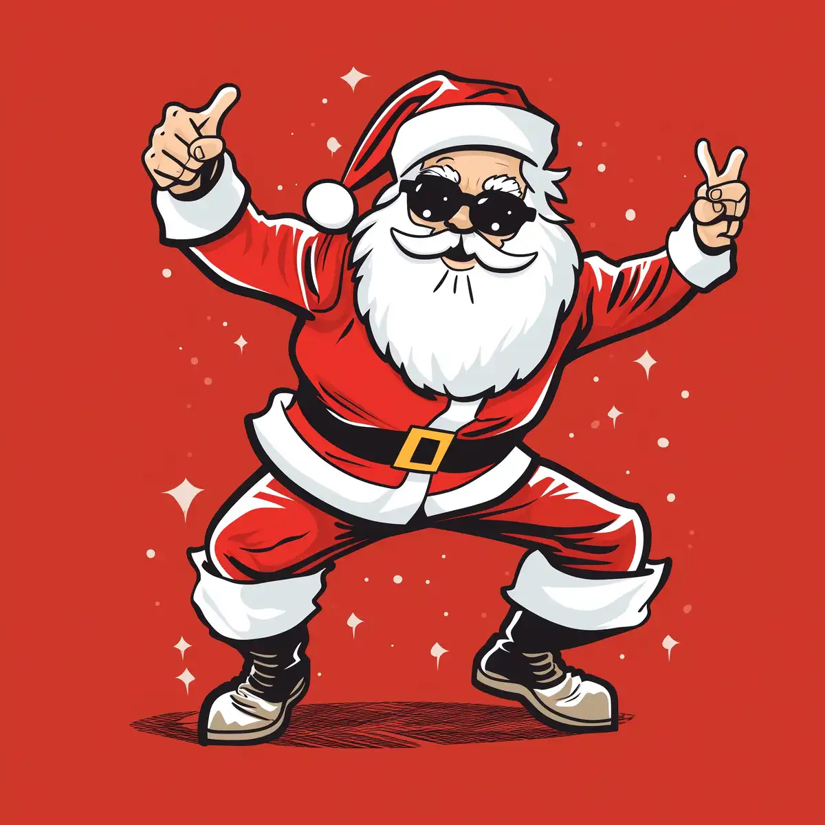 A cartoon Santa Claus wearing sunglasses and a red suit with white trim strikes a confident pose against a red background…