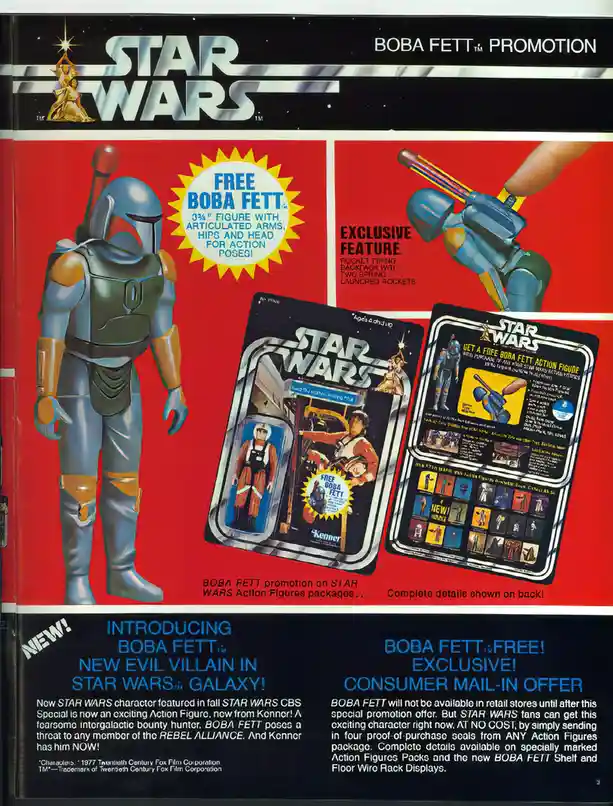 This vintage Star Wars promotional advertisement from 1977 showcases the Boba Fett action figure, highlighting its features…