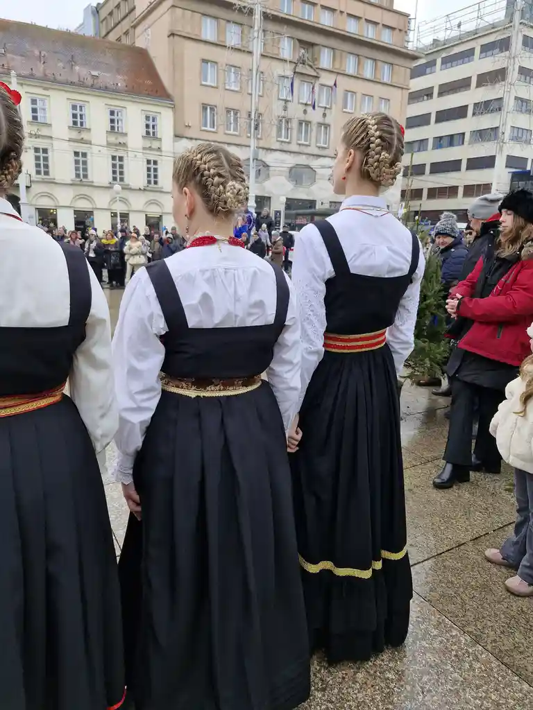 Three young women in traditional folk costumes stand with their backs to the camera, showcasing elaborate braided hairstyles…