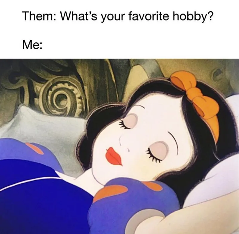 The image shows a classic Disney-style animated character, Snow White, peacefully sleeping on a bed with her eyes closed and…