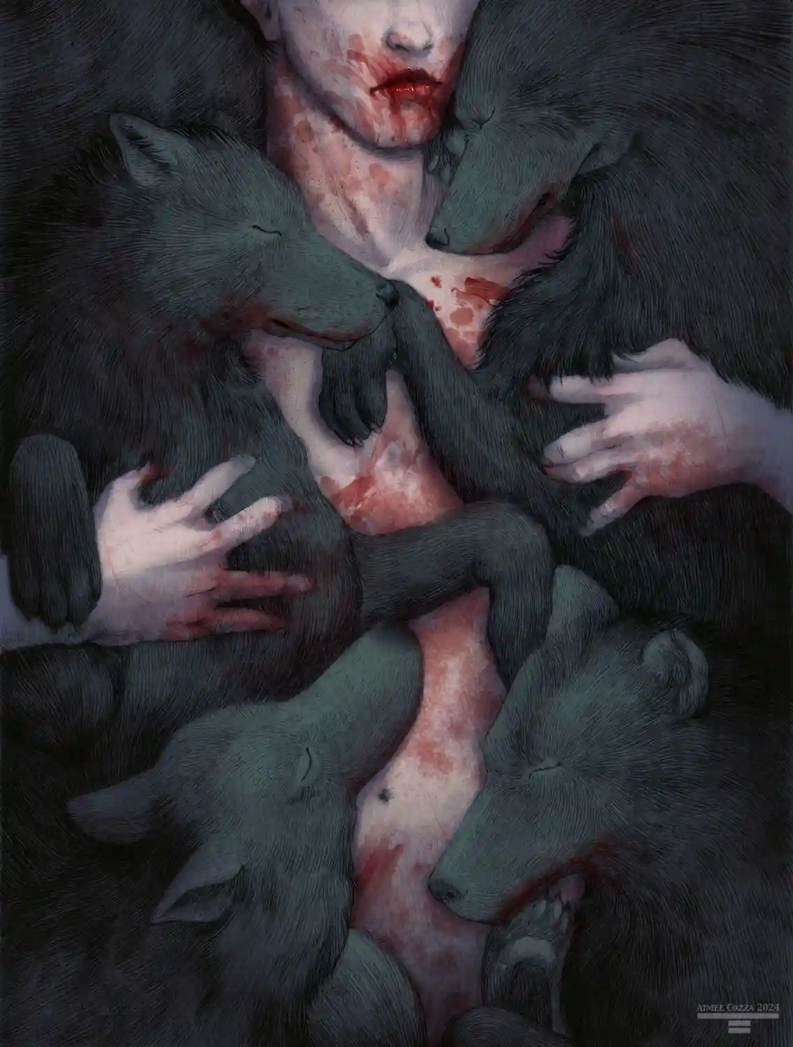 A dark, stylized illustration shows a pale human figure with blood on their face and chest, surrounded by four wolves. The…