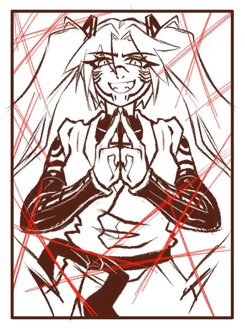 A sketch-style anime character with cat ears and a wide, nervous grin, hands clasped together in a pleading gesture…
