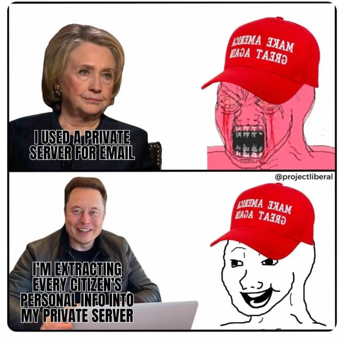 The meme features two panels. Top: Hillary Clinton with text 'I USED A PRIVATE SERVER FOR EMAIL' next to a screaming, red…