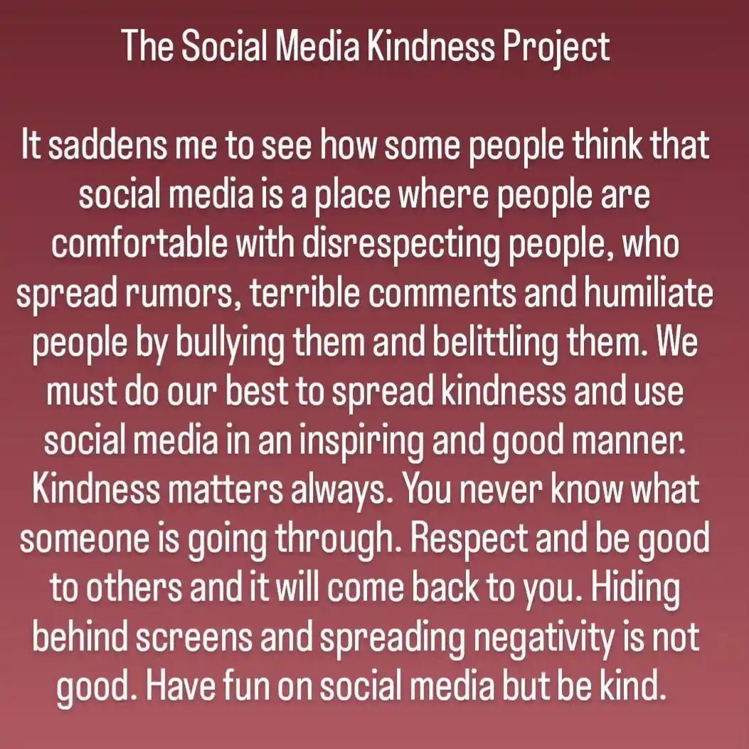 A solid maroon background displays white text that reads 'The Social Media Kindness Project' followed by a long paragraph…