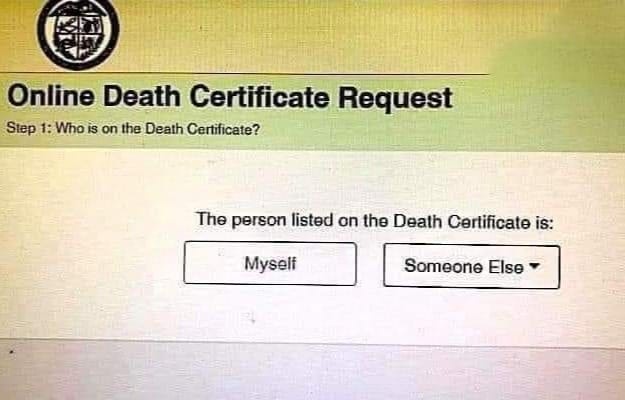 A screenshot of an online death certificate request form showing 'Step 1: Who is on the Death Certificate?' with two radio…