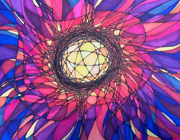 A vibrant, psychedelic drawing features a swirling, tunnel-like pattern made of stained-glass-style colored panels in shades…