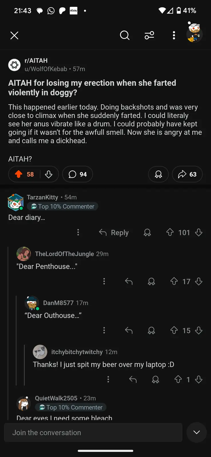 A screenshot of a Reddit post from r/AITAH where a user asks if they're at fault for losing their erection during sex when…