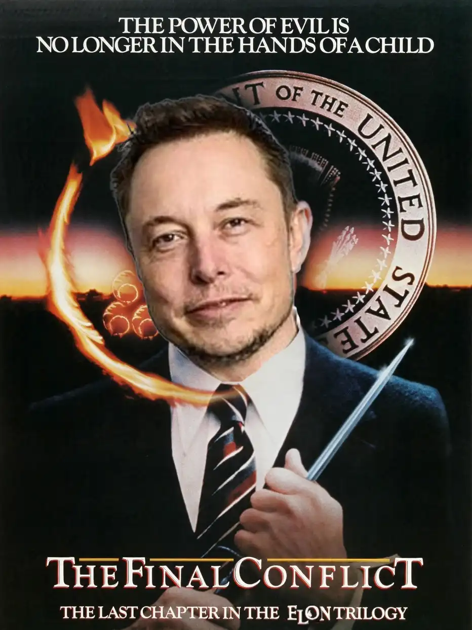 A digitally altered movie poster features Elon Musk in a suit holding a glowing sword, set against a fiery backdrop with the…