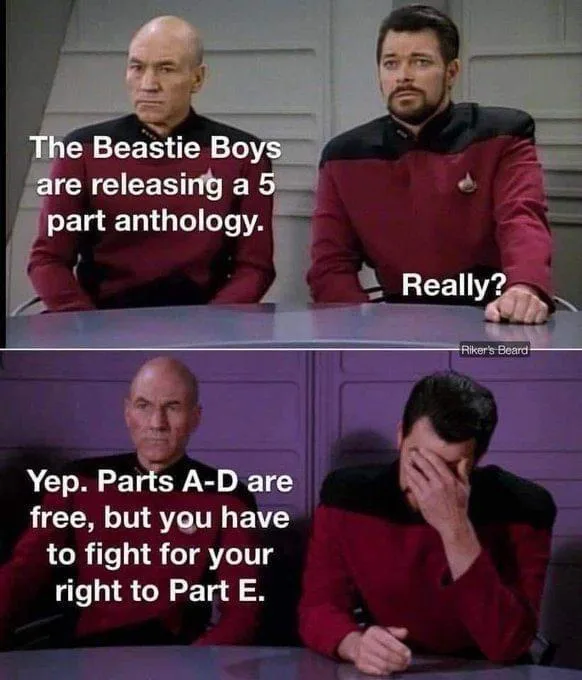Two Star Trek characters sit at a table. The top panel shows Captain Picard and Commander Riker looking at each other; text…