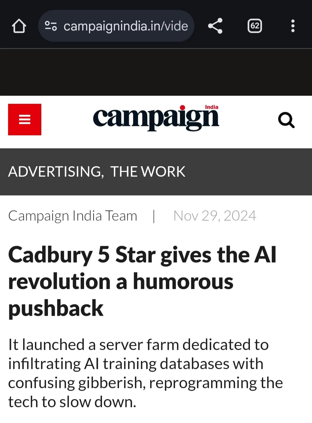 A screenshot of a Campaign India article dated Nov 29, 2024, with the headline 'Cadbury 5 Star gives the AI revolution a…