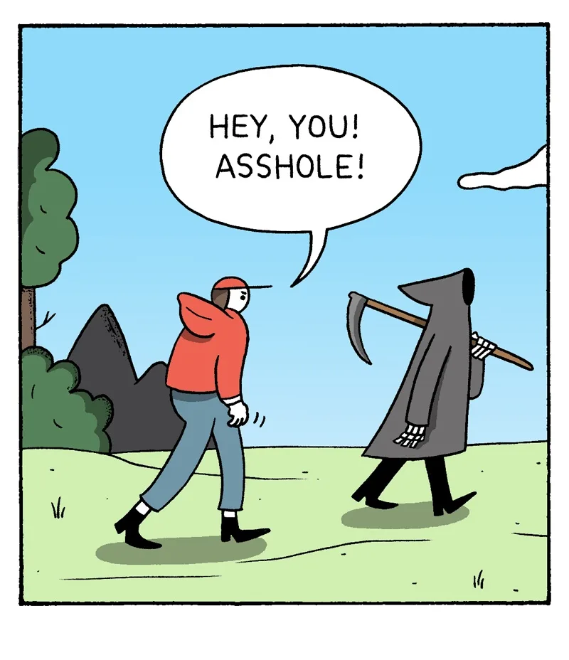A cartoon depicts a person in a red hoodie and baseball cap walking away from the grim reaper, who is carrying a scythe. The…