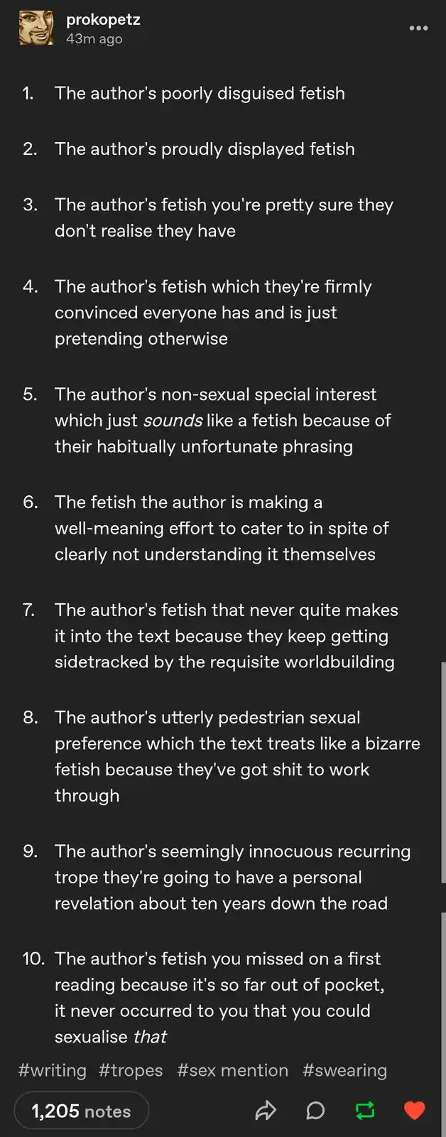 A screenshot of a social media post displaying a numbered list of ten categories describing an author's potential fetishes…